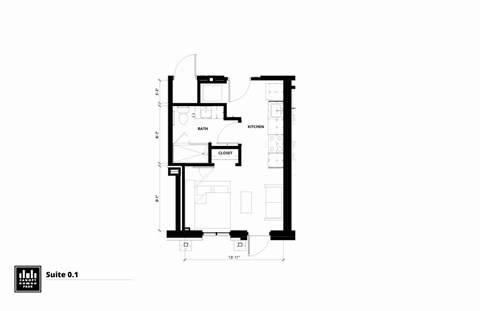 Floor plan for studio, 1 bath, 363 sqft